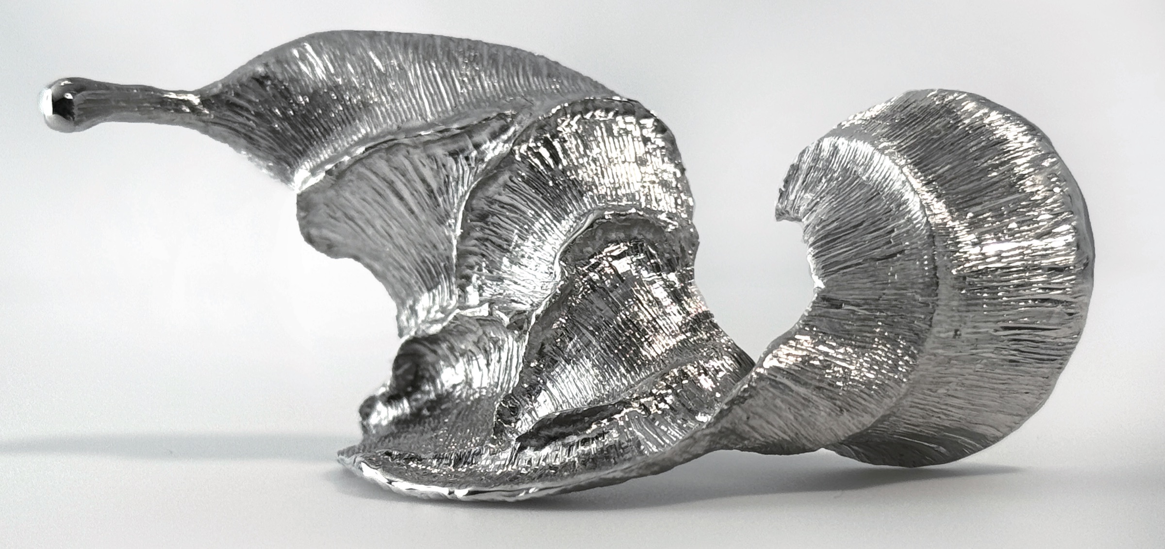 Silver sculpture: a leaf on one side, a wave on the other.